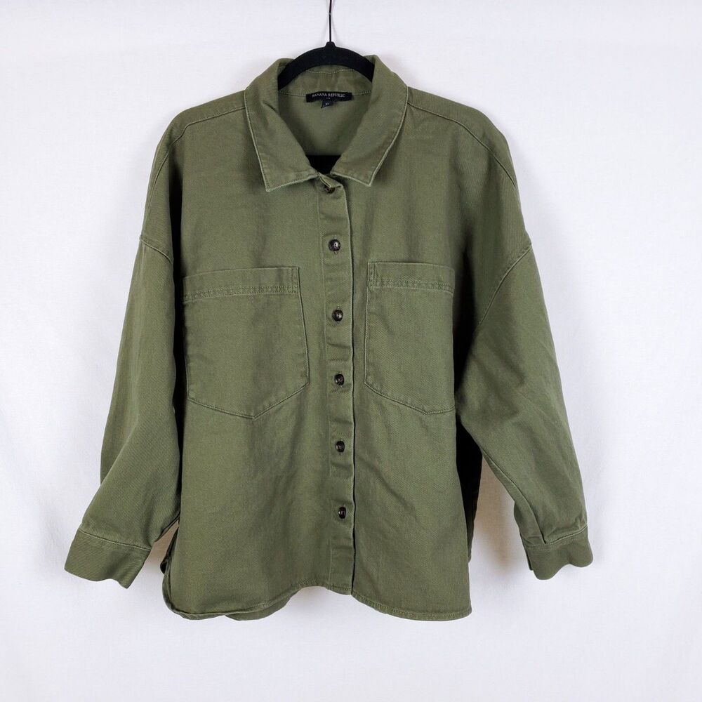 Banana Republic Womens Twill Shirt Green Utility XL Relaxed Fit Shacket Utility